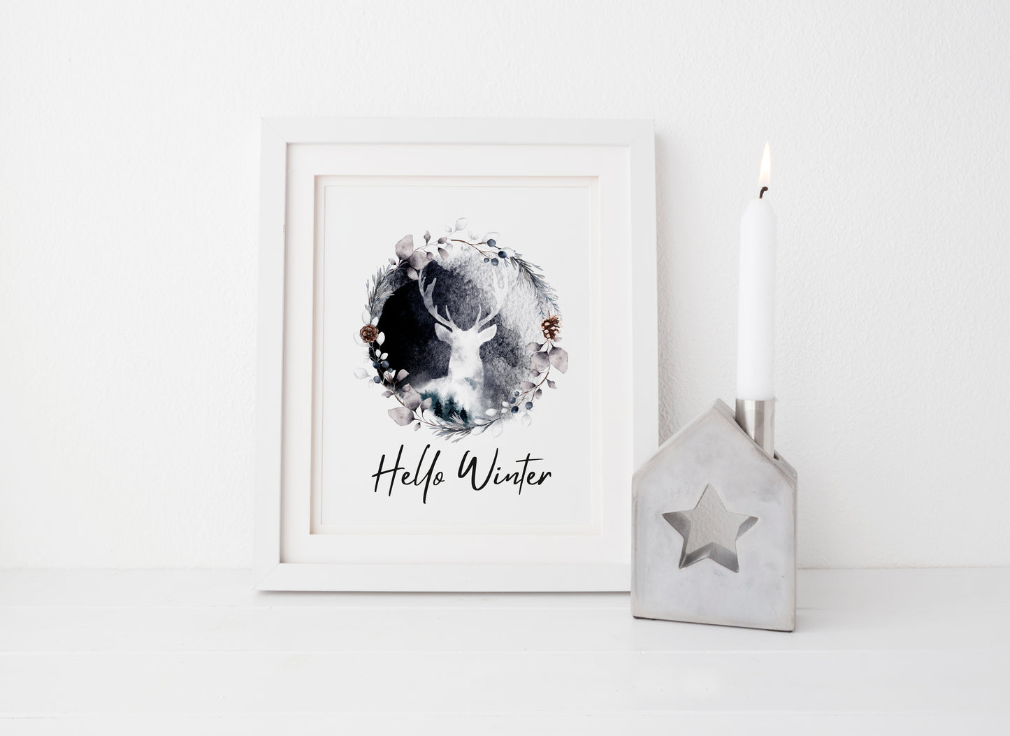 Hello winter black and white Stag floral pine cone wreath seasonal unframed wall art poster print