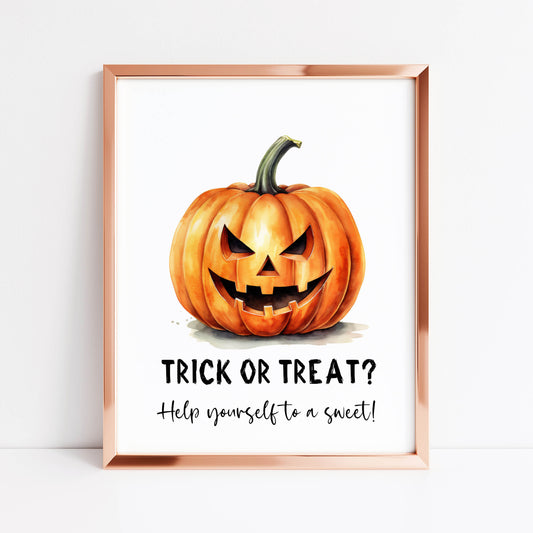 Trick or treat sign orange & black halloween autumn pumpkin face seasonal unframed wall art poster print