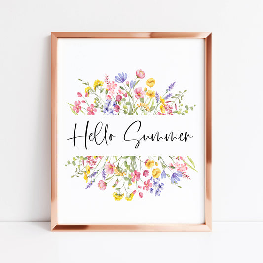 Summer print Hello summer wildflower floral wreath pretty seasonal summer unframed wall art summer print summer home decor, summer art pics