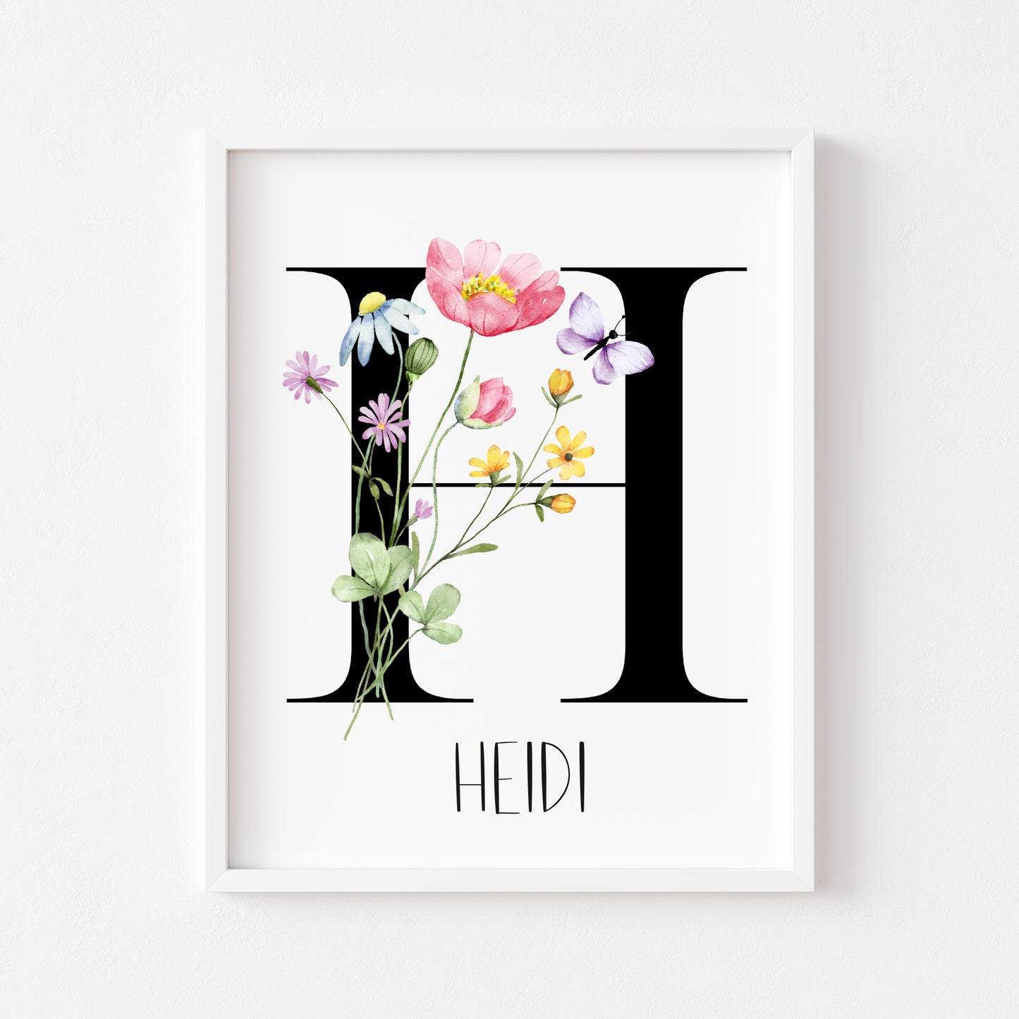 Personalised initial name print, watercolour wildflower floral initial illustration nursery unframed print