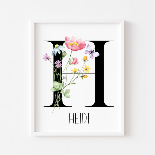 Personalised initial name print, watercolour wildflower floral initial illustration nursery unframed print