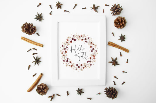 Hello Fall watercolour delicate floral seasonal wreath autumnal unframed wall art poster print