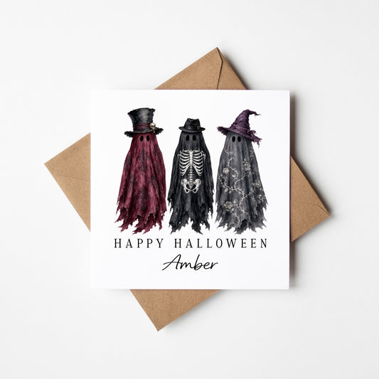 Halloween card Personalised fun spooky ghost trio gothic dark seasonal card with envelope
