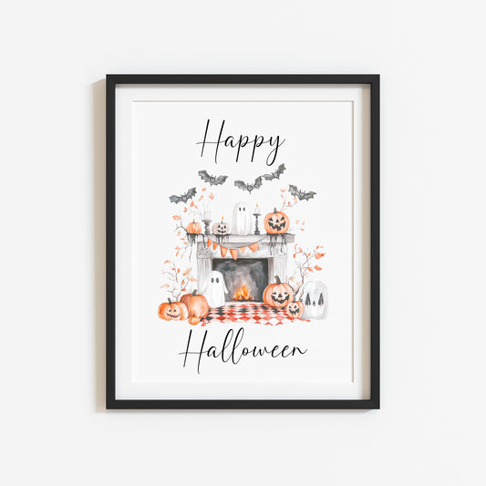 Happy Halloween home fireplace pumpkins orange white watercolour spooky unframed wall art poster print