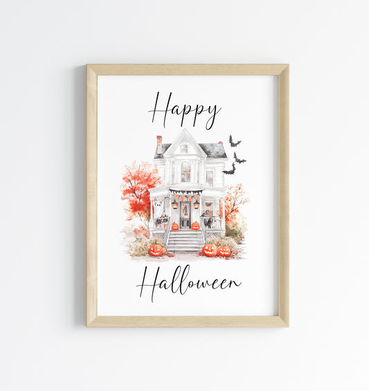 Happy Halloween haunted house pumpkins orange white watercolour spooky unframed wall art poster print