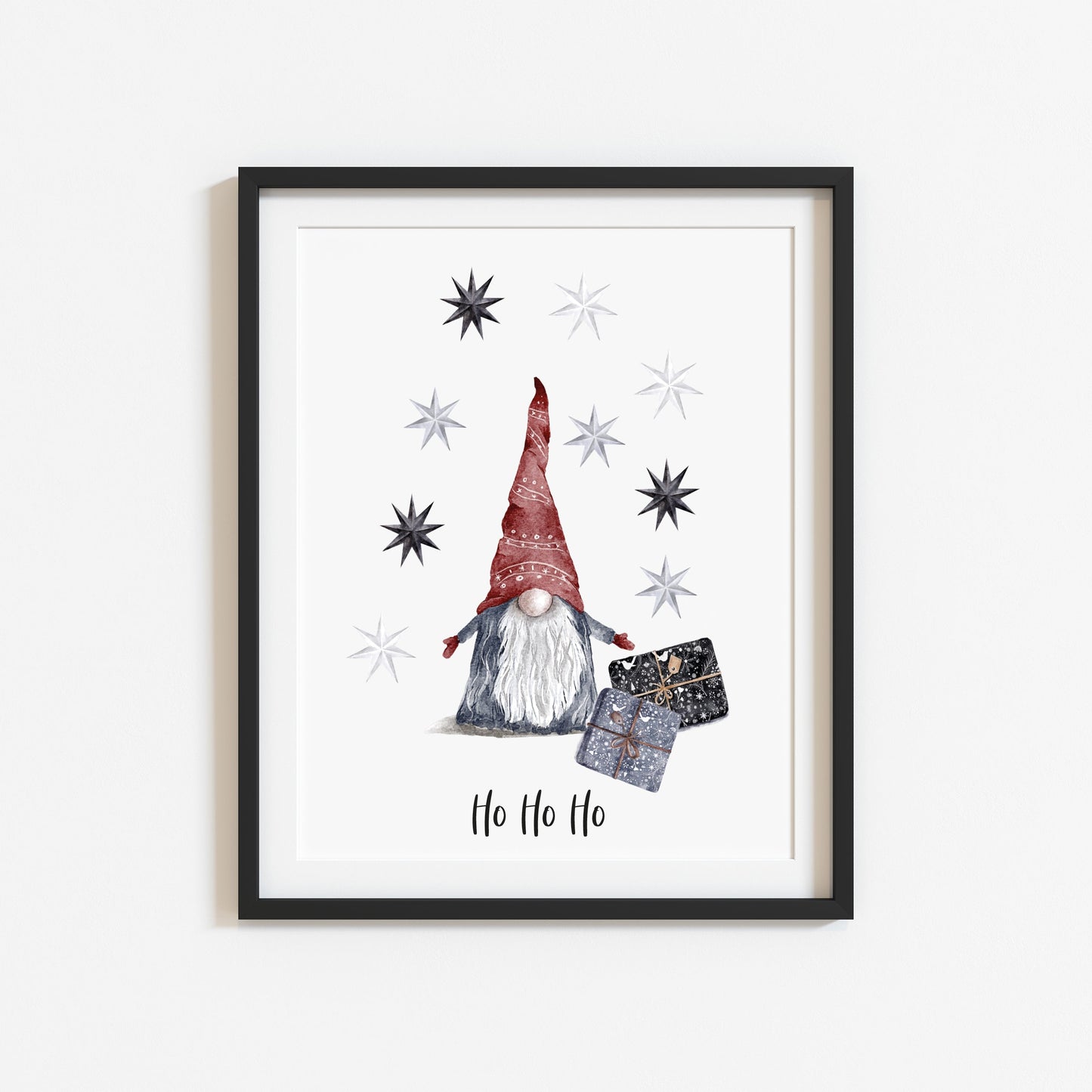 Ho Ho Ho watercolour Gnome/gonk and stars Christmas seasonal unframed wall art poster print