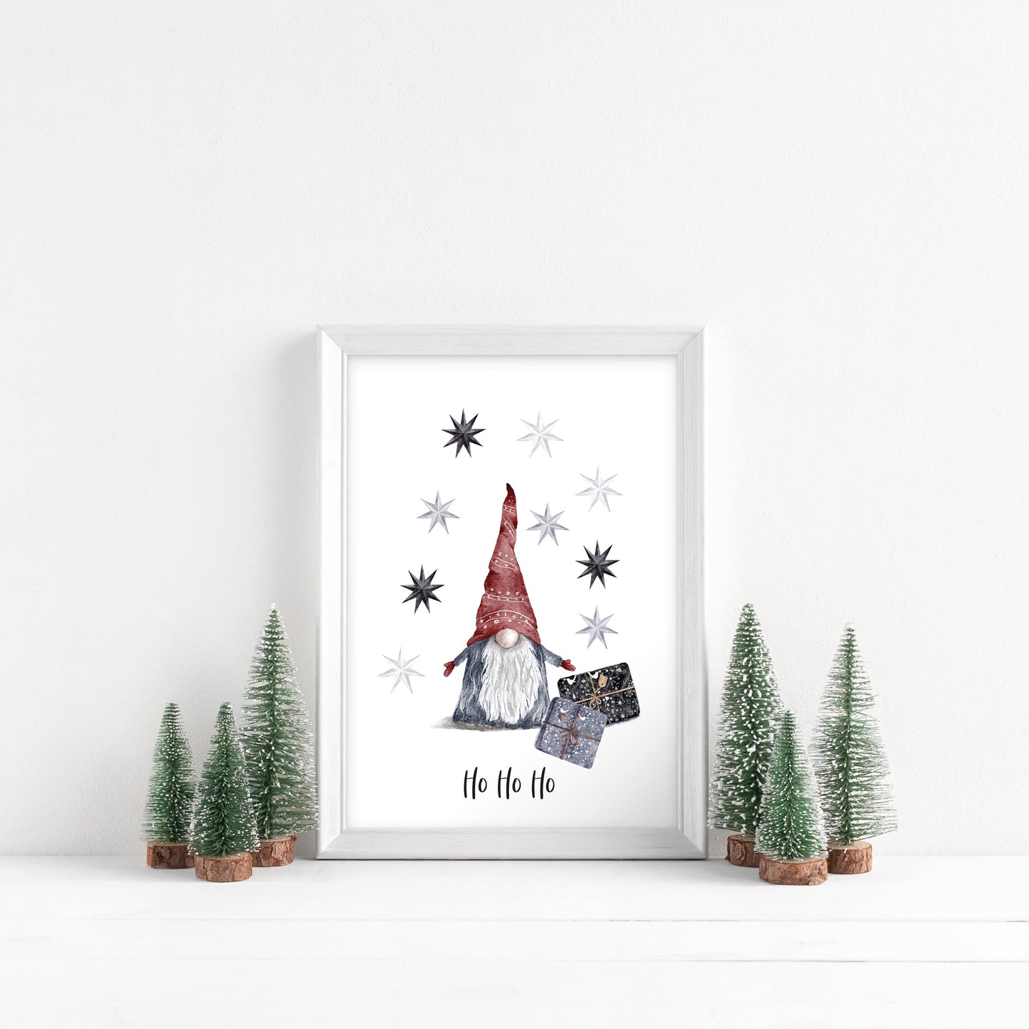 Ho Ho Ho watercolour Gnome/gonk and stars Christmas seasonal unframed wall art poster print