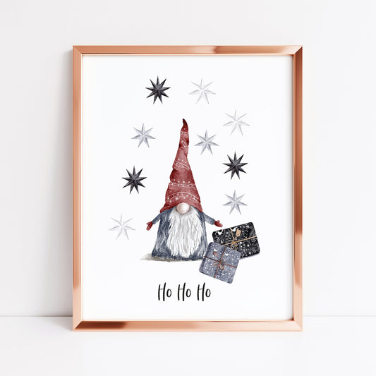 Ho Ho Ho watercolour Gnome/gonk and stars Christmas seasonal unframed wall art poster print