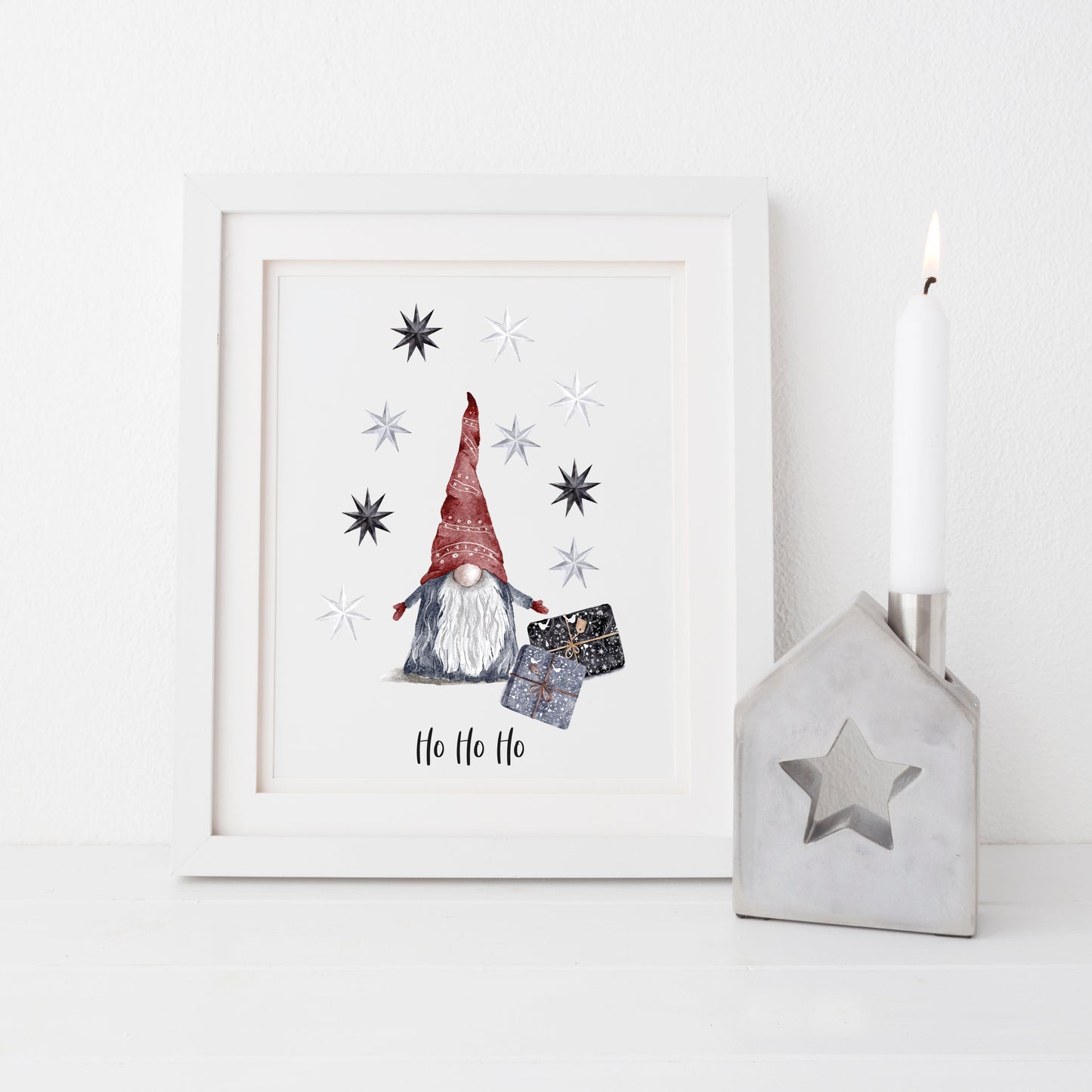 Ho Ho Ho watercolour Gnome/gonk and stars Christmas seasonal unframed wall art poster print