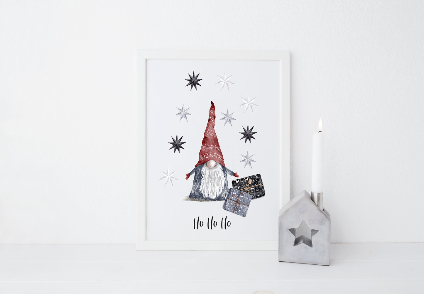 Ho Ho Ho watercolour Gnome/gonk and stars Christmas seasonal unframed wall art poster print