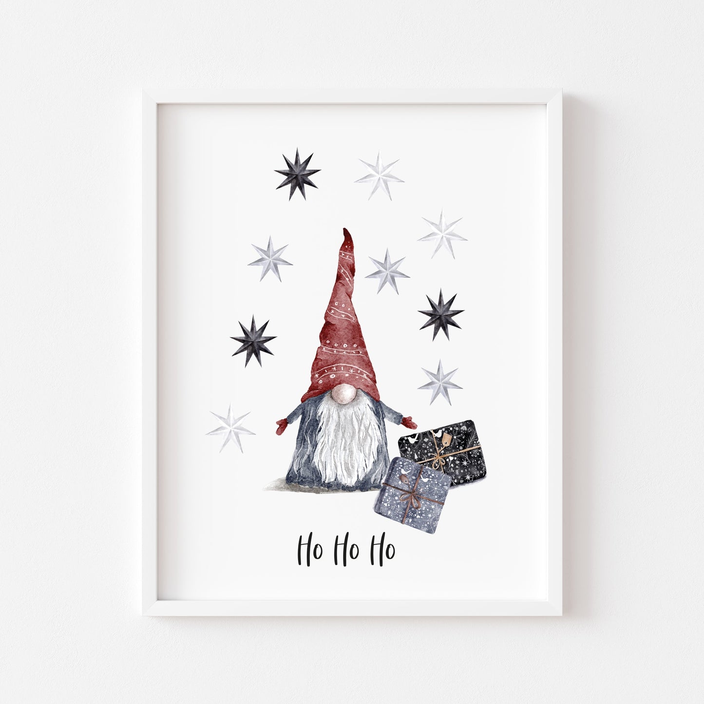 Ho Ho Ho watercolour Gnome/gonk and stars Christmas seasonal unframed wall art poster print