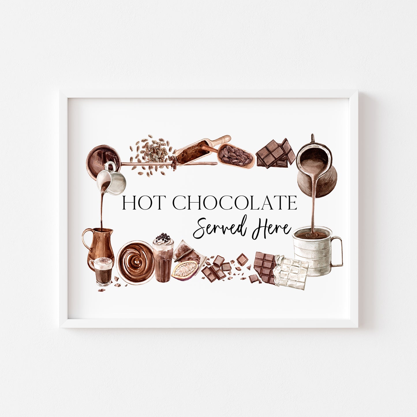 Hot chocolate served here watercolour chocolate frame wreath seasonal unframed wall art poster print