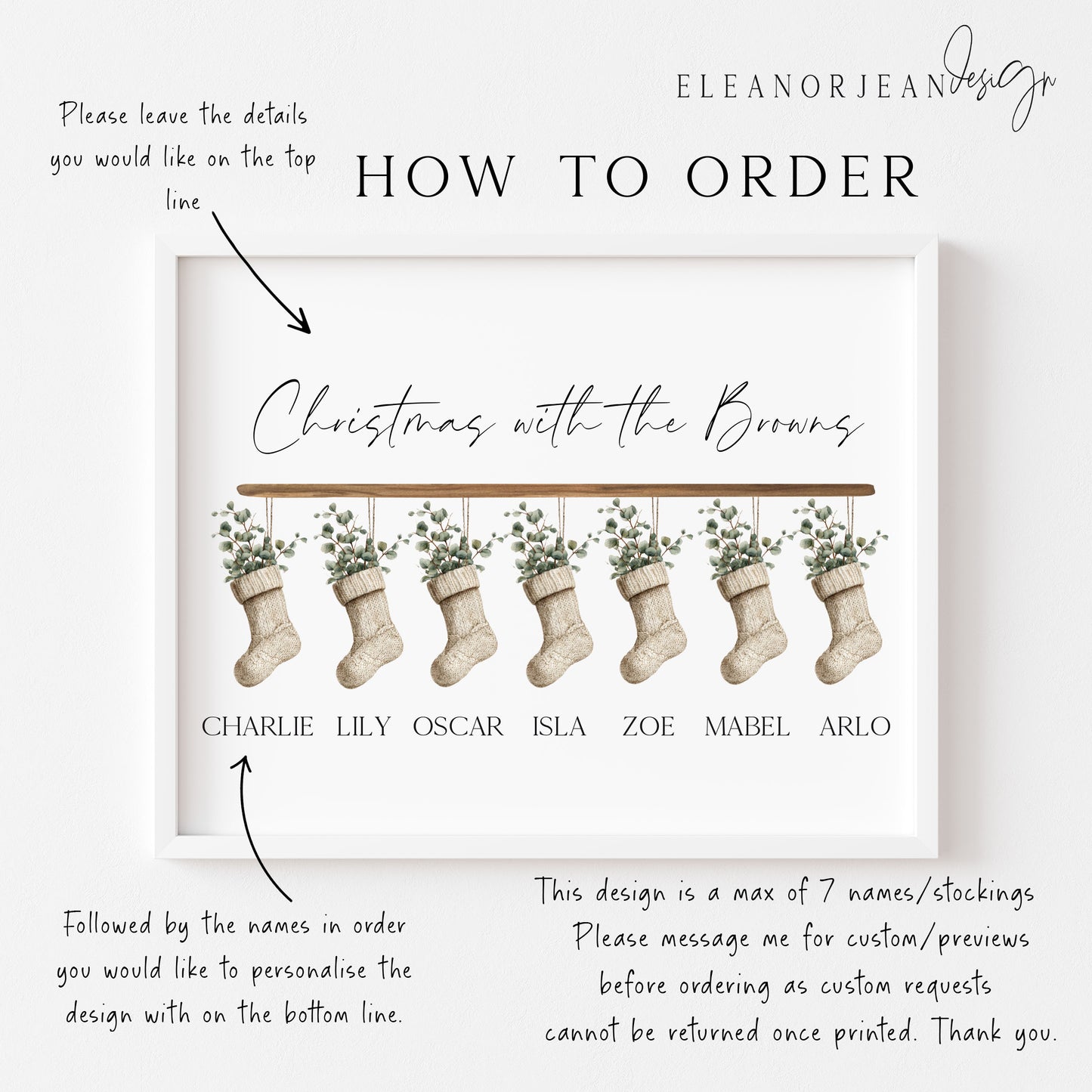 Personalised Christmas stocking family print green eucalyptus stockings unframed wall art poster print