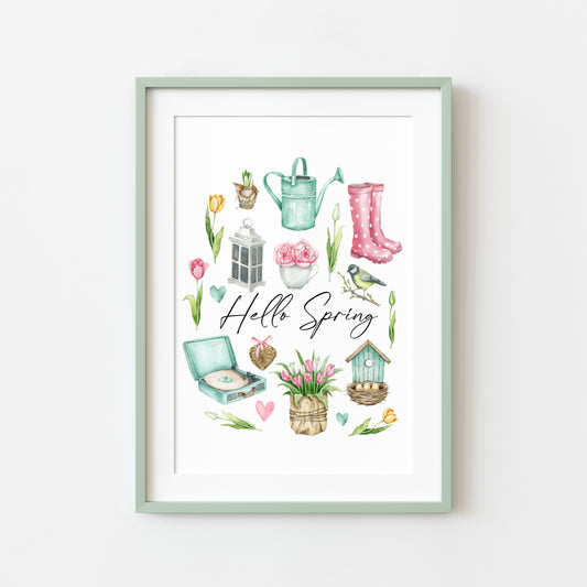 Hello Spring favourites green, pink, purple watercolour seasonal home bedroom unframed wall art poster print