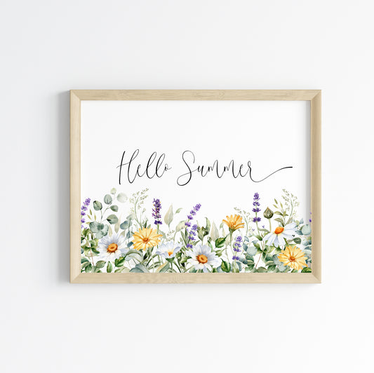 Hello Summer watercolour border floral daisies & lavender greenery seasonal home unframed wall art poster print