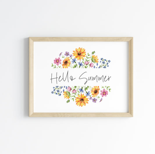 Hello Summer wildflower multicolour flower floral bouquet wreath landscape seasonal home unframed wall art poster print