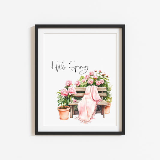 Hello Spring garden bench & pink throw peonies seasonal spring home bedroom unframed wall art poster print, spring accessories, spring art