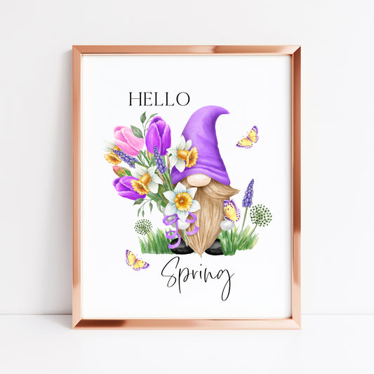 Hello Spring purple gonk gnome gardening tulip flowers seasonal unframed wall art poster print
