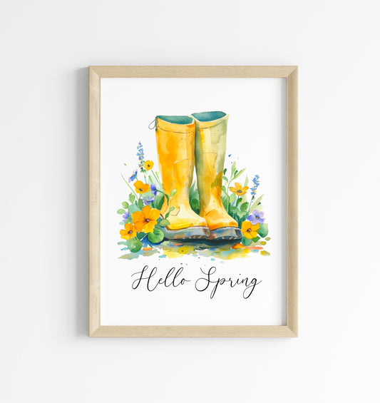 Hello Spring Yellow wellies, welly boots watercolour seasonal home bedroom unframed wall art poster print