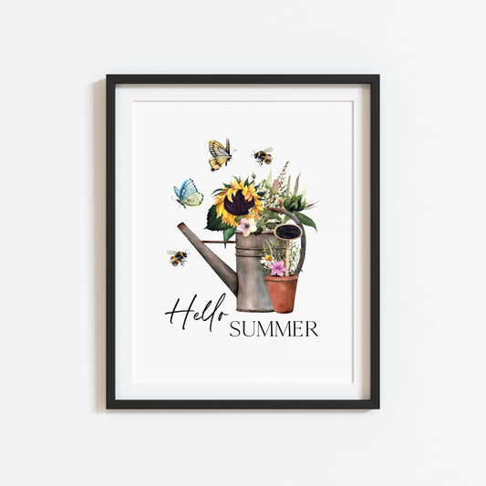 Hello Summer, sunflower watering can gardening butterflies & bees unframed wall art poster print