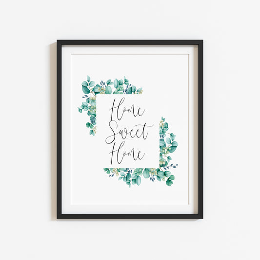 Home sweet home floral greenery wreath, home, bedroom, hallway unframed wall art poster print