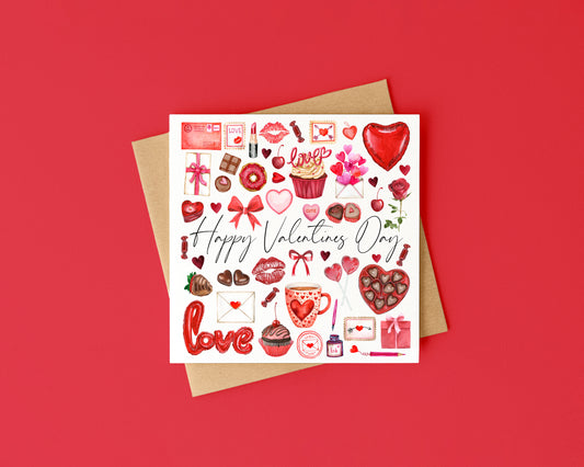 Valentines card, mood board pink red style watercolour Valentines day with Envelope