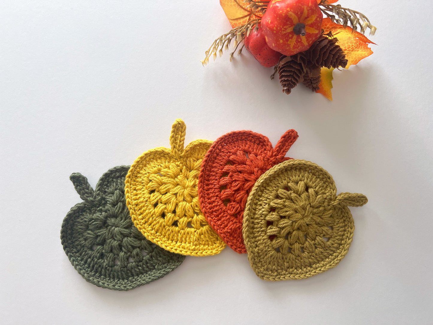 Set of 4 handmade crochet autumnal fall leaves coasters, seasonal autumn accessories, set of 4 coaster pack