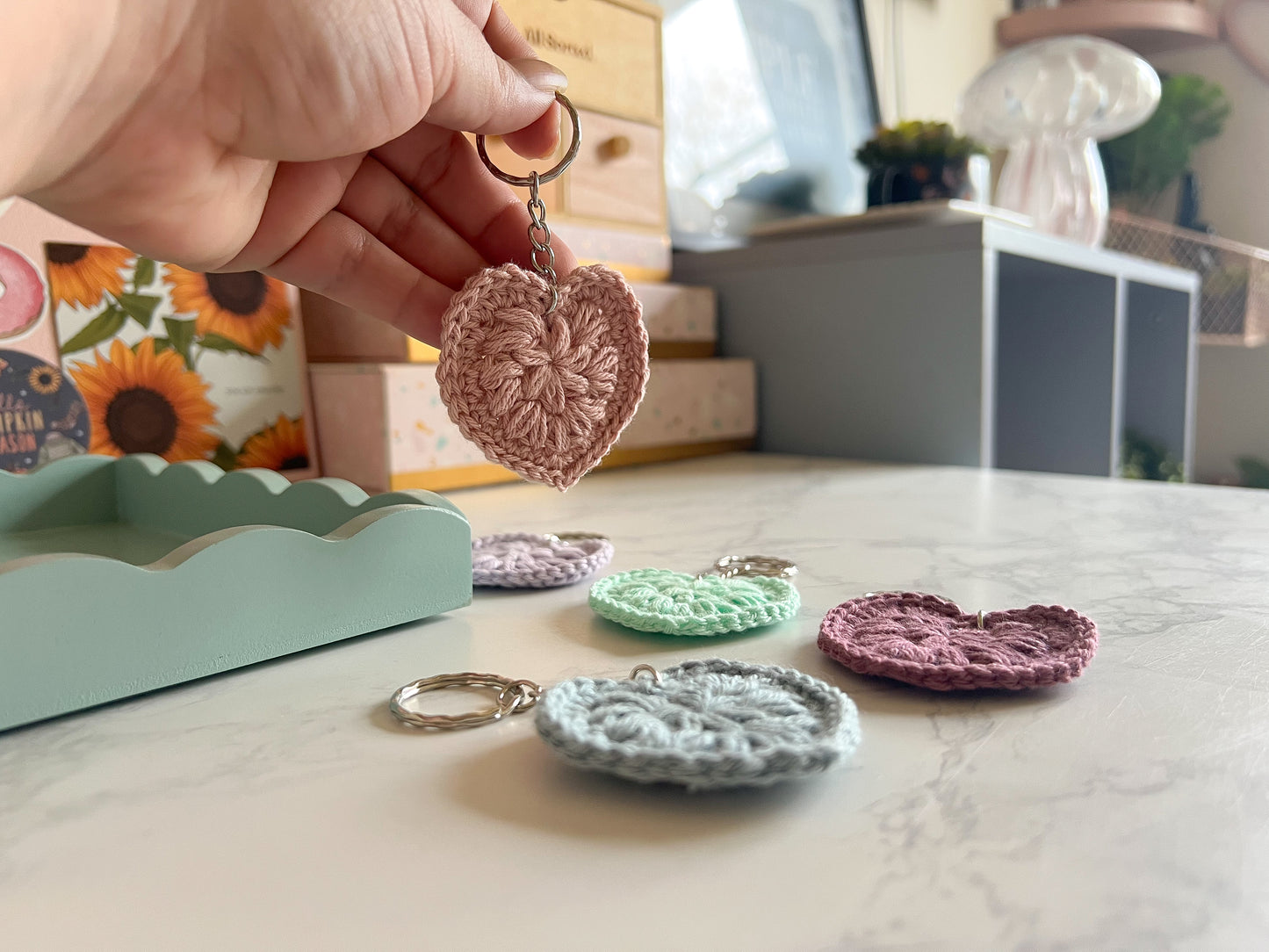 Crochet Heart Key Ring 5 colours available Handmade Cotton heart Keychain