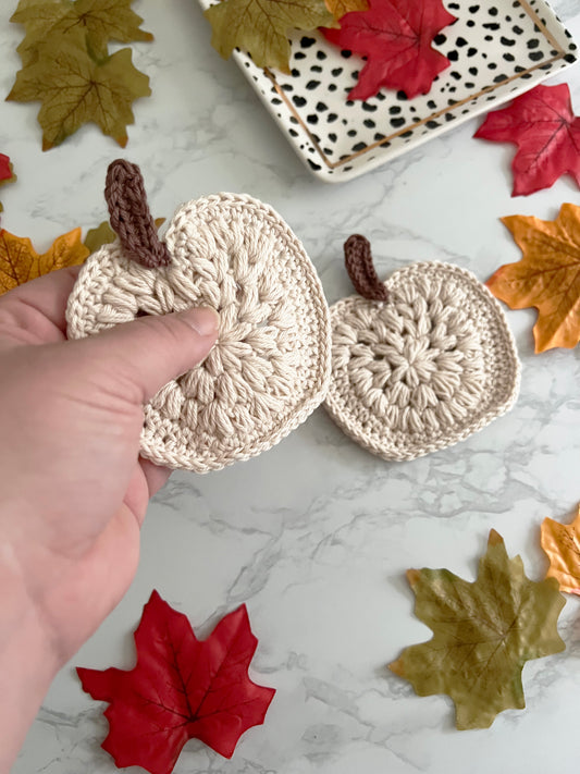 Set of 2 Handmade PUMPKIN crochet coasters, beige cream pumpkin brown stem, set of 2 seasonal coasters, handmade gift ideas, autumn decor