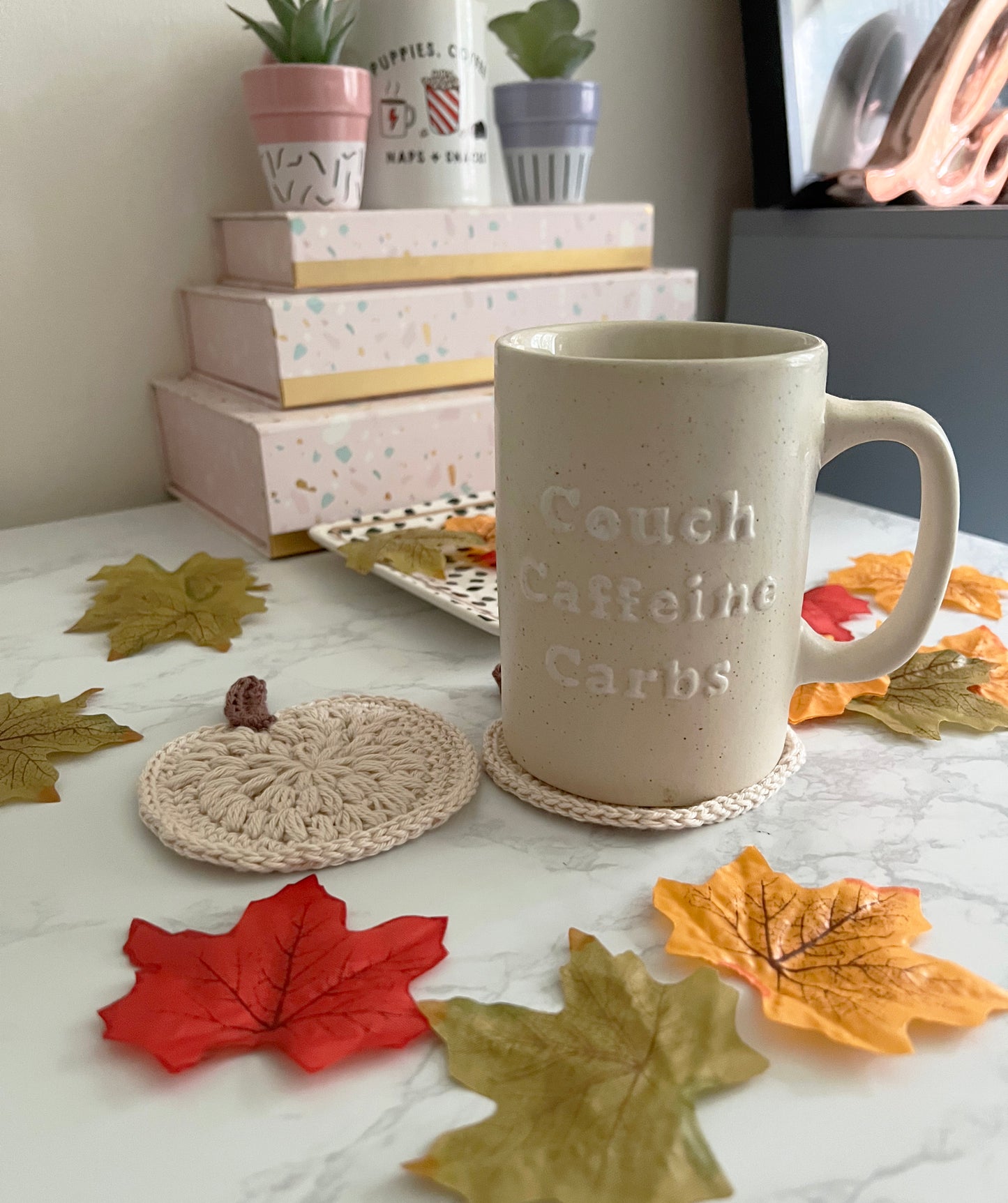 Set of 2 Handmade PUMPKIN crochet coasters, beige cream pumpkin brown stem, set of 2 seasonal coasters, handmade gift ideas, autumn decor