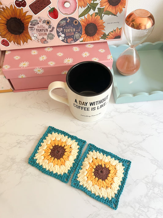 Set of 2 OR 4 Sunflower Square handmade crochet coasters, flower coasters handmade crochet gifts, set of coasters, handmade crochet decor