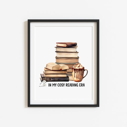 Book print, In my Book Era cosy reading book air pods hot drink Lover Wall Art (unframed)
