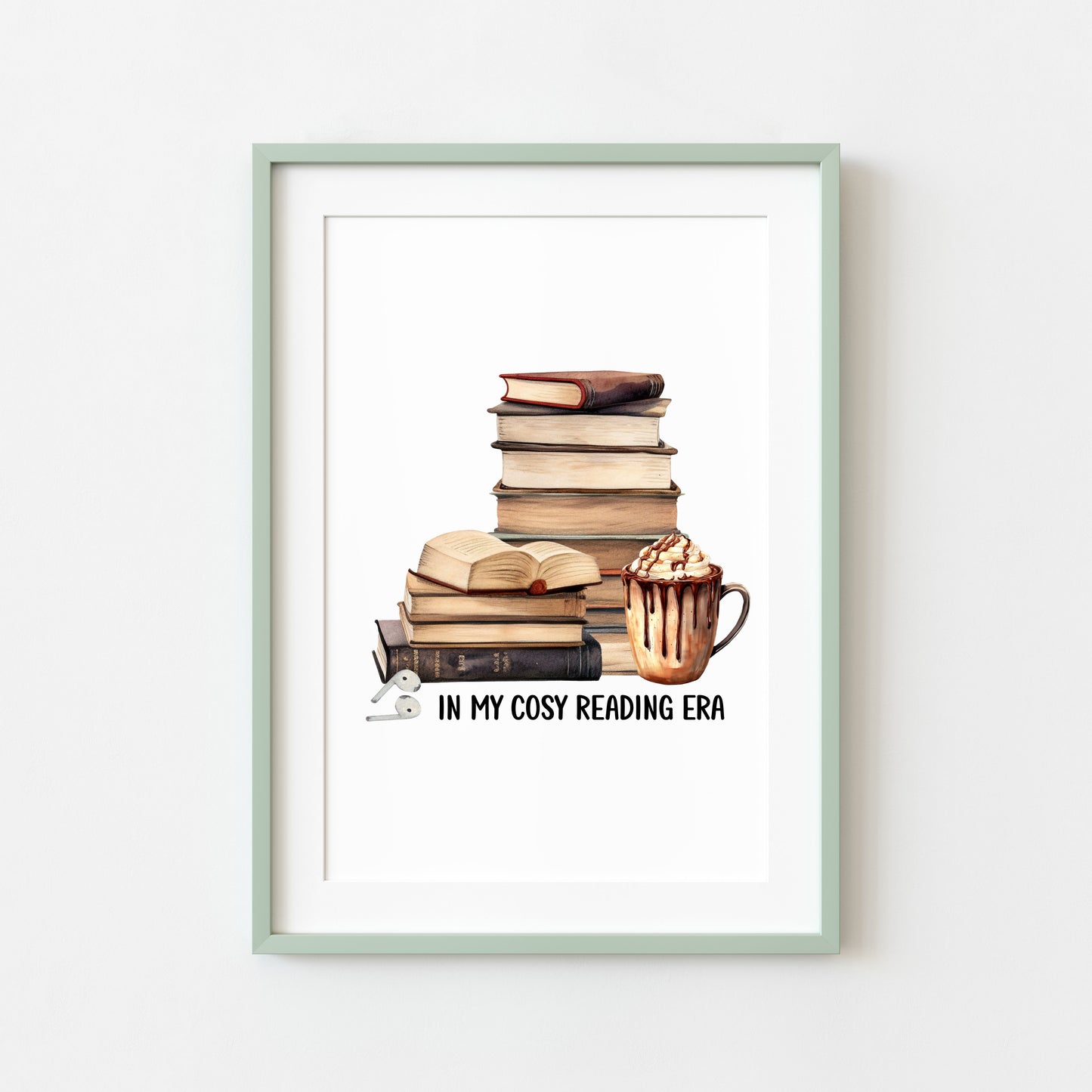 Book print, In my Book Era cosy reading book air pods hot drink Lover Wall Art (unframed)