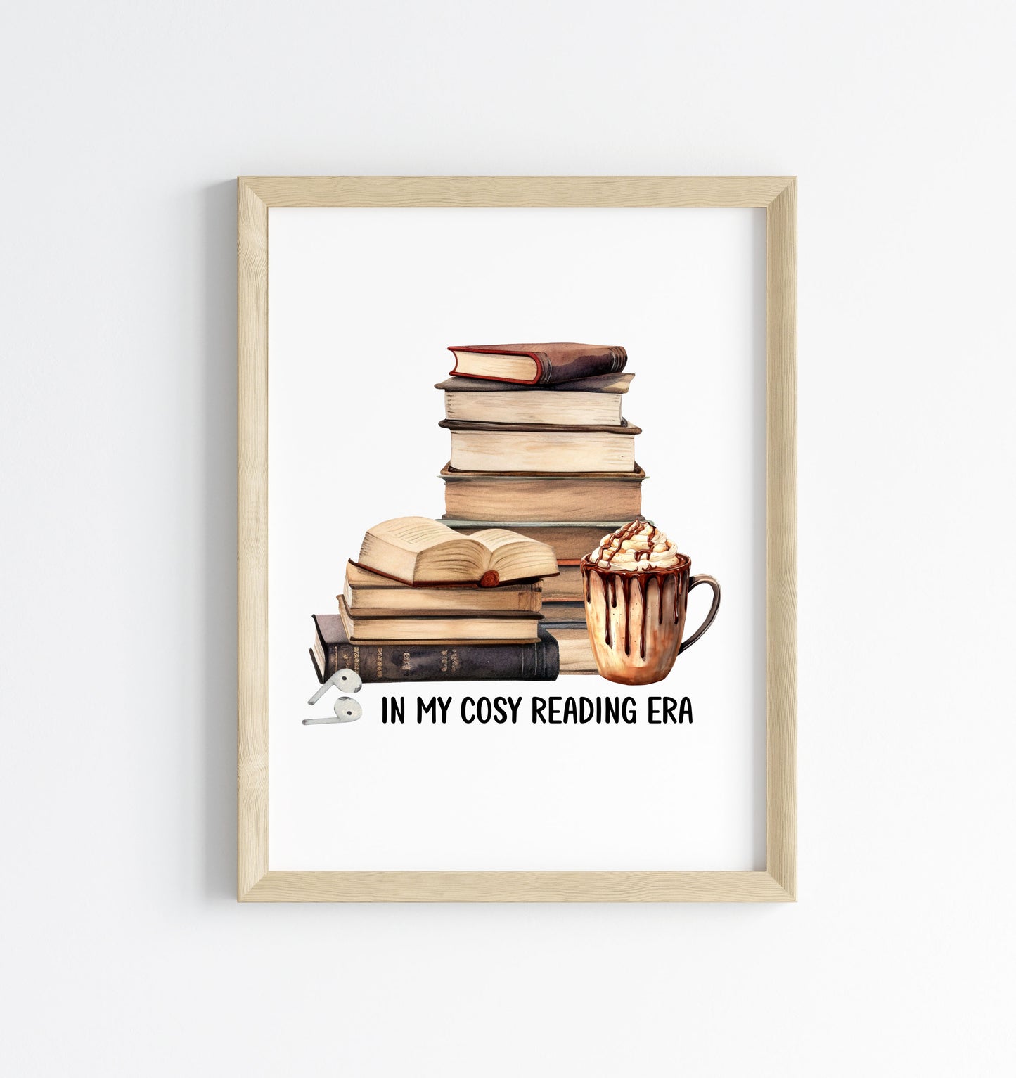 Book print, In my Book Era cosy reading book air pods hot drink Lover Wall Art (unframed)