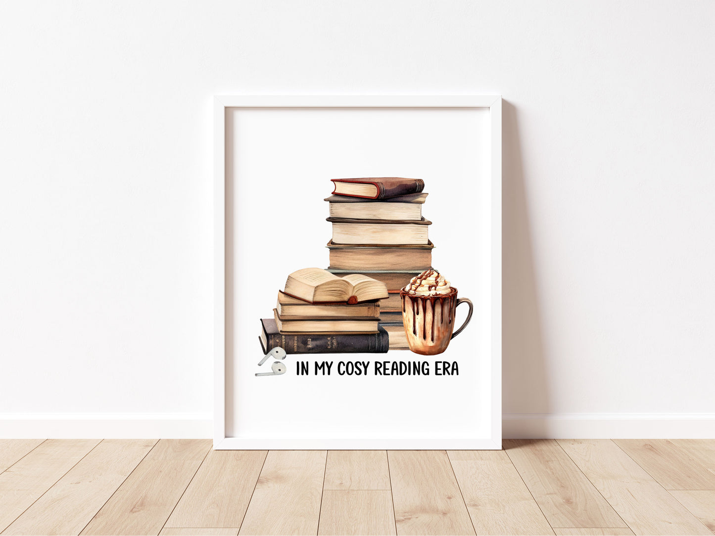 Book print, In my Book Era cosy reading book air pods hot drink Lover Wall Art (unframed)