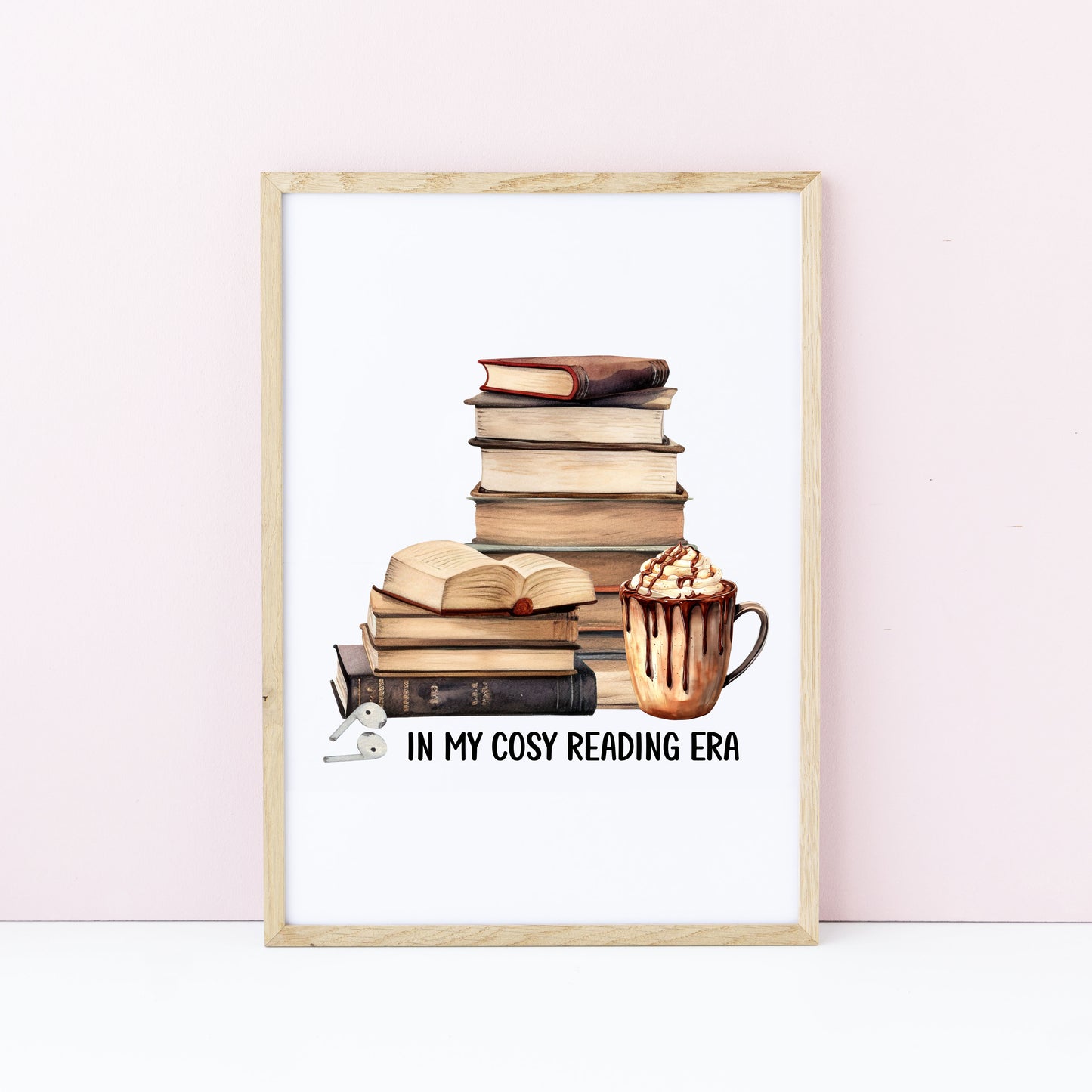 Book print, In my Book Era cosy reading book air pods hot drink Lover Wall Art (unframed)