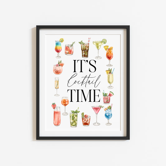 It's cocktail time, bar alcohol cocktails drinks watercolour alcohol illustrations unframed wall art poster print