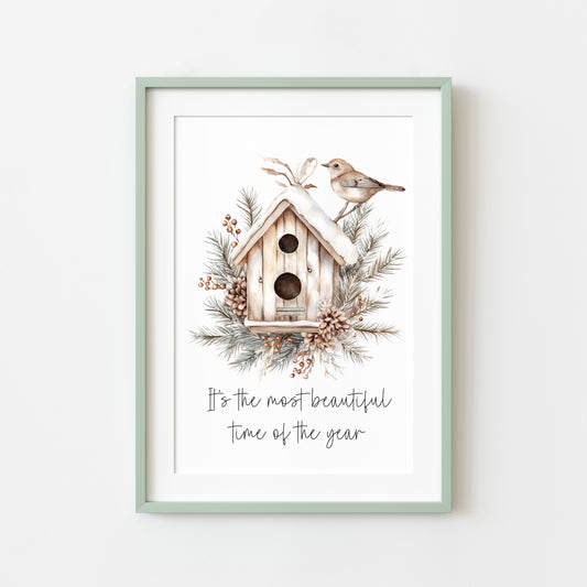 It's the most beautiful time of the year winter foliage birds house unframed wall art poster print, home decor, xmas decor, winter art