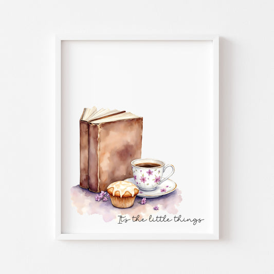 Book Lover Print, Coffee Cup Watercolour Art, Cosy Bookish Wall Decor (unframed)