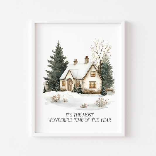 Christmas Print, Green white xmas scenery home xmas landscape Wall Art (unframed)