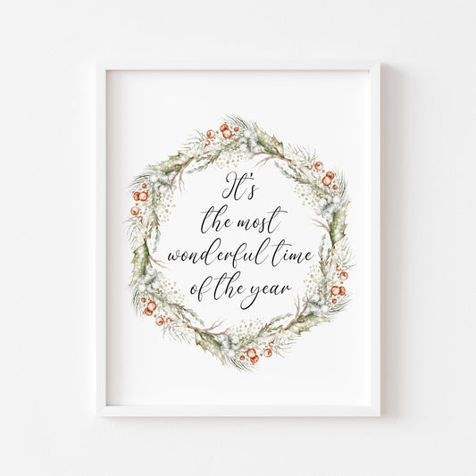 Christmas Print Watercolour Green white red wreath Seasonal Wall Art (unframed)
