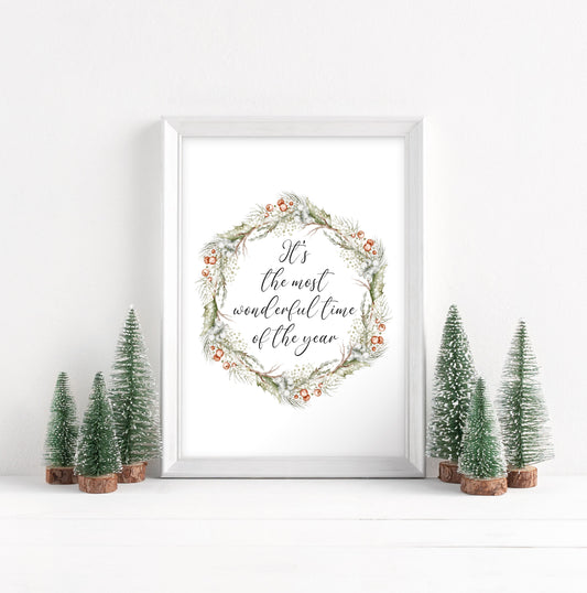 Christmas Print Watercolour Green white red wreath Seasonal Wall Art (unframed)