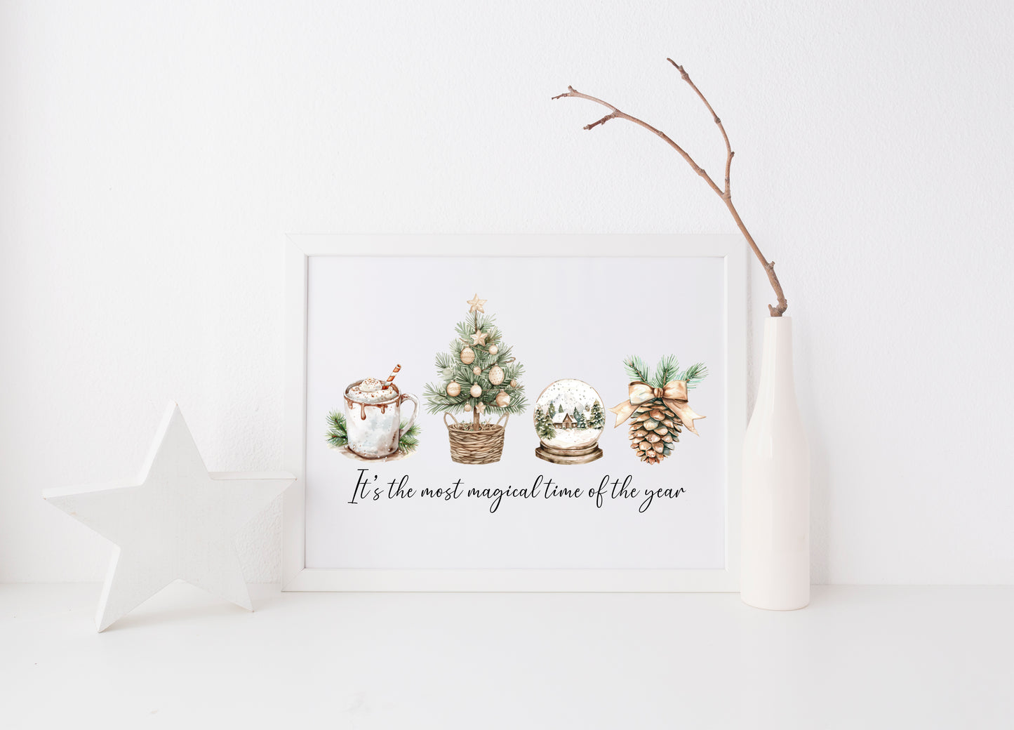 Christmas print, the most magical time of the year beige green watercolour unframed seasonal wall art poster