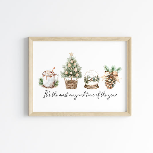 Christmas print, the most magical time of the year beige green watercolour unframed seasonal wall art poster