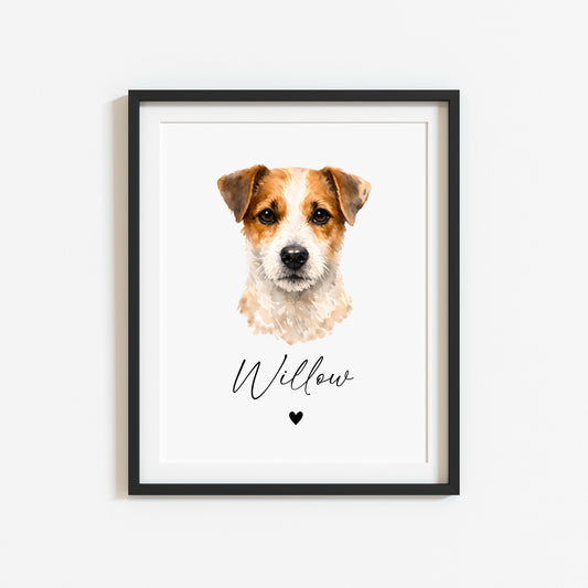 Personalised Jack Russell Dog Print Custom Name Pet portrait watercolour unframed wall art