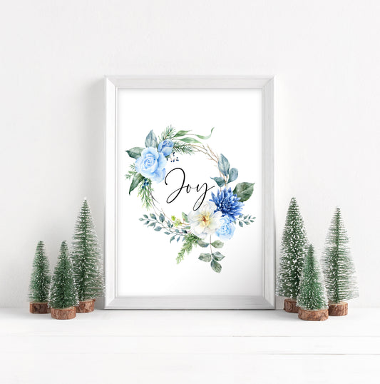 Joy winter foliage blue & white wreath floral watercolour Christmas seasonal Winter unframed wall art poster print