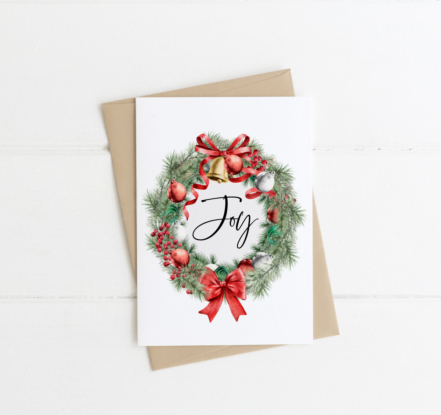 Christmas card, Joy red green colourful floral holly baubles ribbons & bows pretty xmas wreath seasonal card, envelope,kraft brown or white