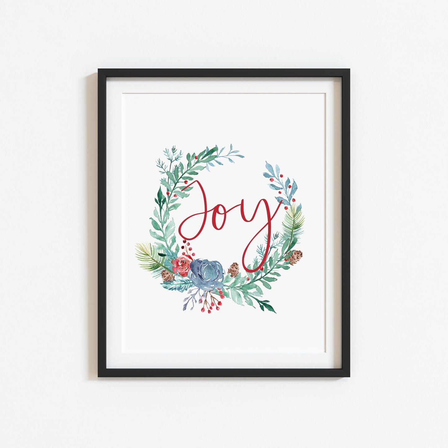 Red Joy, watercolour blue and green christmas wreath seasonal unframed wall art poster print
