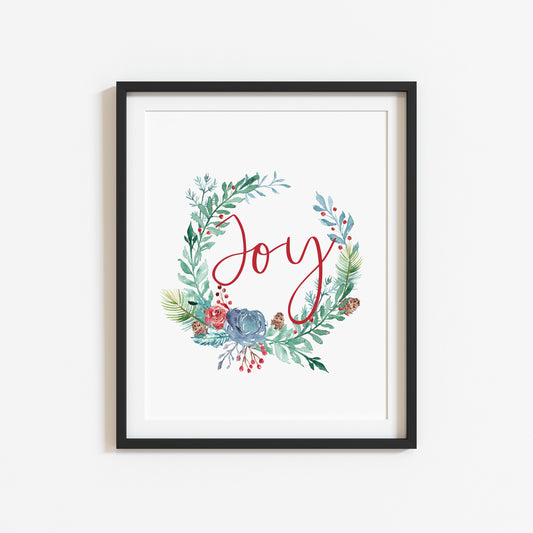 Red Joy, watercolour blue and green christmas wreath seasonal unframed wall art poster print