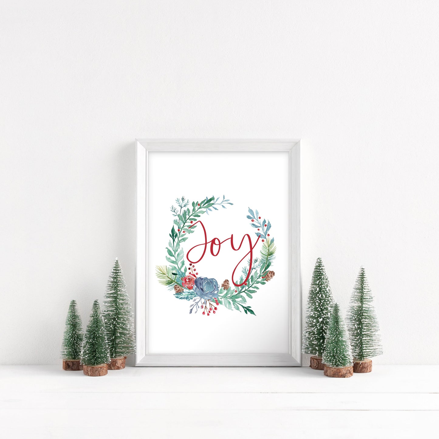 Red Joy, watercolour blue and green christmas wreath seasonal unframed wall art poster print